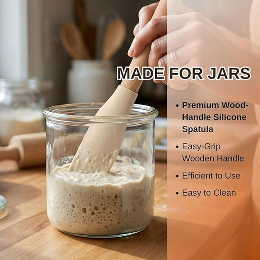 2Pcs 10.7" Silicone Jar Spatula with Natural Beechwood Handle, Removable Flexible Scraper Head for Deep Jars, Thick Non-Stick Small Spatula for Sourdough, Peanut Butter, Blenders & Baking, Cream