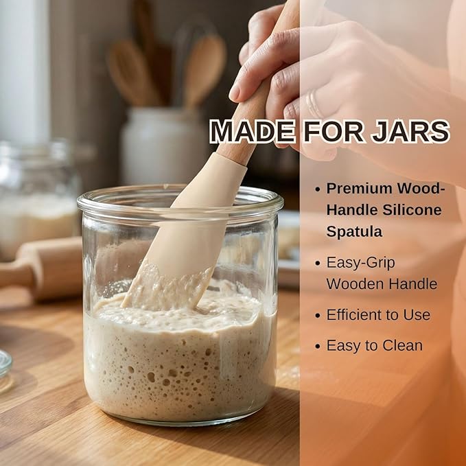 10.7" Silicone Jar Spatula with Natural Beechwood Handle, Removable Flexible Scraper Head for Deep Jars, Thick Non-Stick Small Spatula for Sourdough, Peanut Butter, Blenders & Baking, Cream