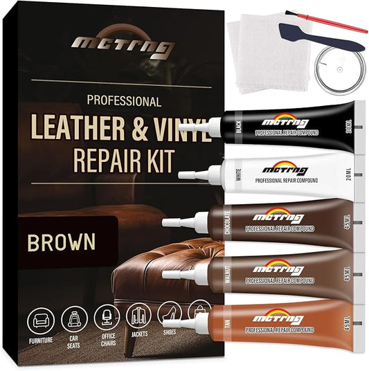 Leather & Vinyl Repair Kit for Couch, Furniture, Sofa, Chair, Car Seat | Brown Shades, No Skills Needed, for Cat Scratch, Tear, Crack, Hole on Faux Upholstery, Recliner, Purse, Shoes, Jacket, RV