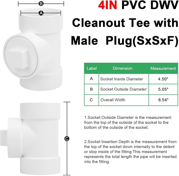 4IN PVC DWV Cleanout Tee with Plug Pipe Fitting (Socket x Socket x FPT) SCH40 4IN DWV PVC Sewer Cleanout Tee with NPT Female Cap Cover for pipe, Drain, Waste, Vent
