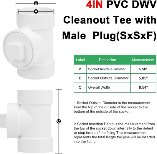4IN PVC DWV Cleanout Tee with Plug Pipe Fitting (Socket x Socket x FPT) SCH40 4IN DWV PVC Sewer Cleanout Tee with NPT Female Cap Cover for pipe, Drain, Waste, Vent