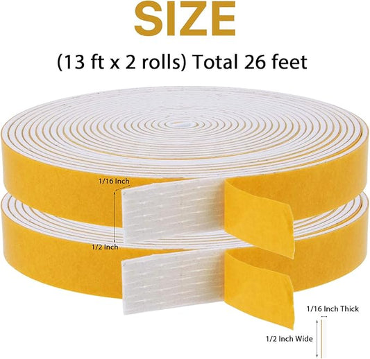 Foam Weather Stripping-2 Rolls,1/2 Inch Wide X 1/16 Inch Thick Total 26 Feet Long, Foam weatherstrip with Adhesive for Door Insulation(13ft x 2 Rolls)