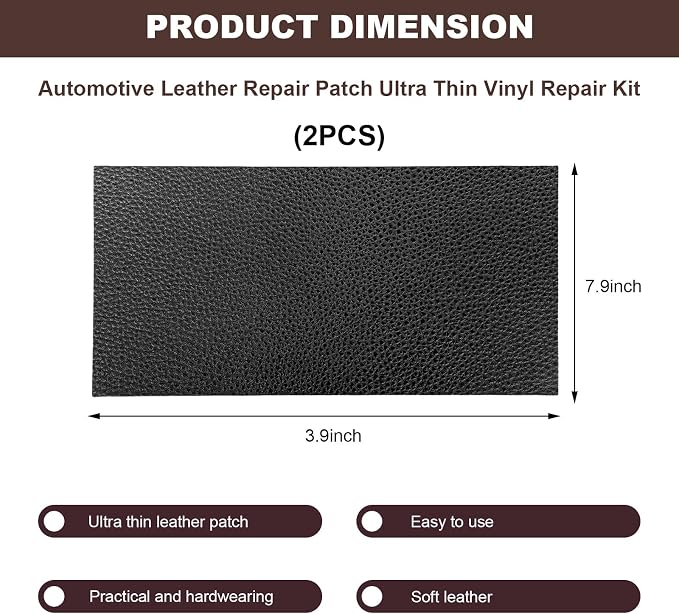 2 PCS Leather Repair Patch Tape, 4 x 8 Inch PU Vinyl Repair Patches for Car Upholstery Seat, Waterproof Self Adhesive Leather Tape Repair Kit for Furniture Couches Chairs (Black)