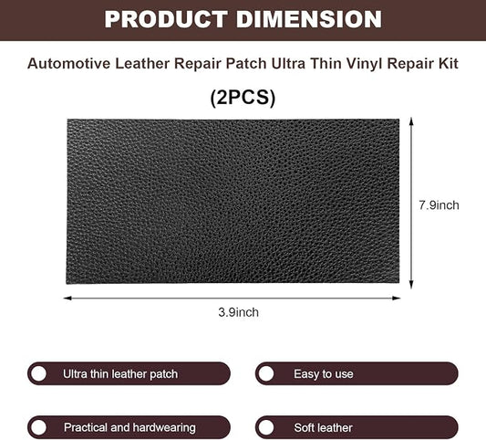 2 PCS Leather Repair Patch Tape, 4 x 8 Inch PU Vinyl Repair Patches for Car Upholstery Seat, Waterproof Self Adhesive Leather Tape Repair Kit for Furniture Couches Chairs (Black)