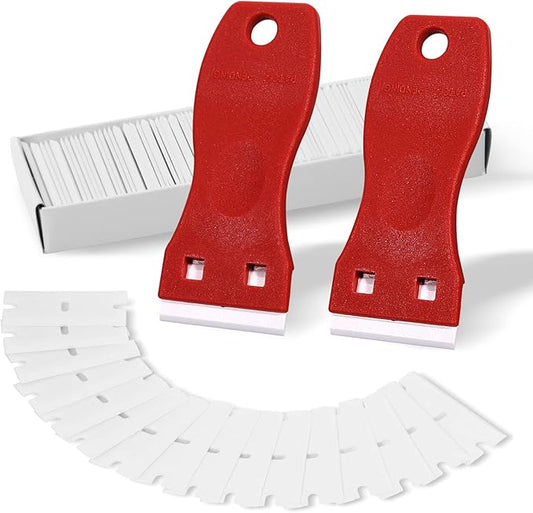 FOSHIO 2PCS Plastic Razor Blade Scraper Tool and 100PCS Plastic Blades for Gasket Remover, Sticker Remover, Labels Decal and Adhesive Remover for Windows and Glass (Red)