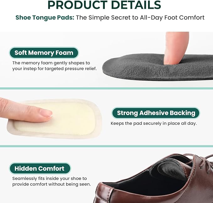 Shoe Tongue Pads for Men & Women - Welnove 2 Pairs Suede Memory Foam Shoe Padding Cushion Soft Self Adhesive Inserts Filler for Boots, Leather Shoes, Dress Shoes, Loafers (Black, Size L)