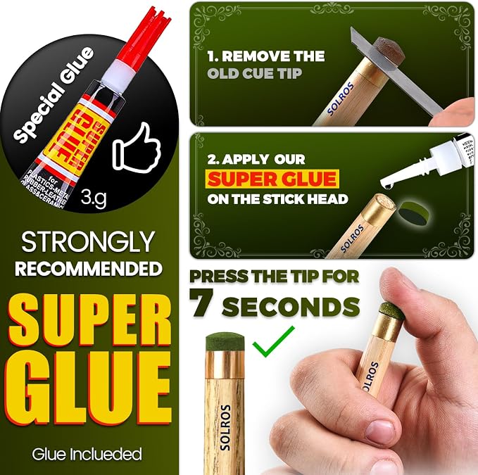 Billiard Pool Cue Tips - Pool Cue Stick Tips Replacement Repair Kit Billiard Cue Tips with Storage Box for Pool Table Cues Stick Tips Head and Leather Snooker Stick - SOLROS