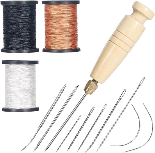 Nurkul 3-Spool Nylon Thread Sewing Kit, 80 Yards Each, Heavy Duty Needles (5 Straight, 2 Curved), Sewing Awl, Ideal for Upholstery, Leather, Shoes & DIY Crafts