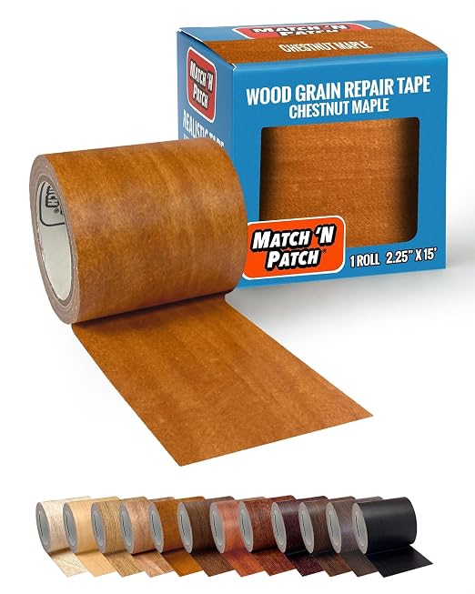 MATCH 'N PATCH Wood Grain Repair Tape - Chestnut Maple, 2.25 in x 15 ft (1-Pack) – Wood Grain Colored Duct Tape for Mirror Frame, Trim, Borders, Floor and Other Furniture, Scratch Repair Kit