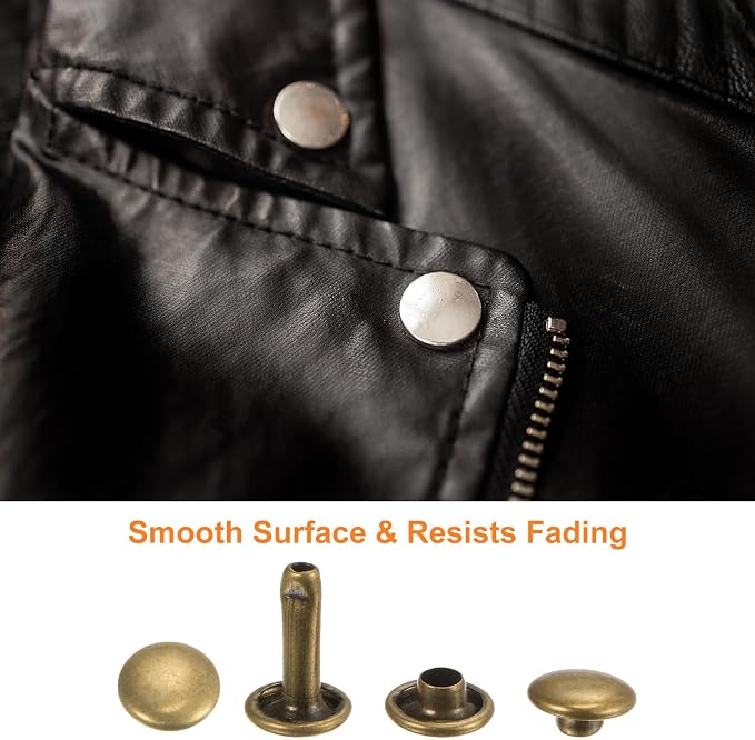 HARFINGTON 100 Sets Leather Rivets 10 x 9mm Metal Double Cap Rivet Snaps Studs Fasteners with 3pcs Setting Tools Rivets for Leather Craft DIY Repair Decoration, Bronze