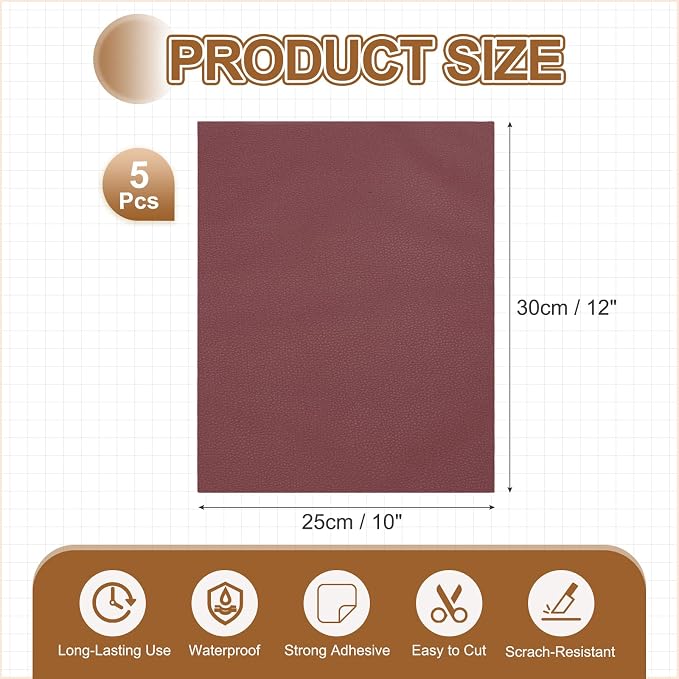 MECCANIXITY 5 Pcs Leather Repair Patch 10"x12" Self-Adhesive Leather Vinyl Repair Tape Kit for Furniture Couches Sofa Chair Car Boat Seats Jackets, Wine Red