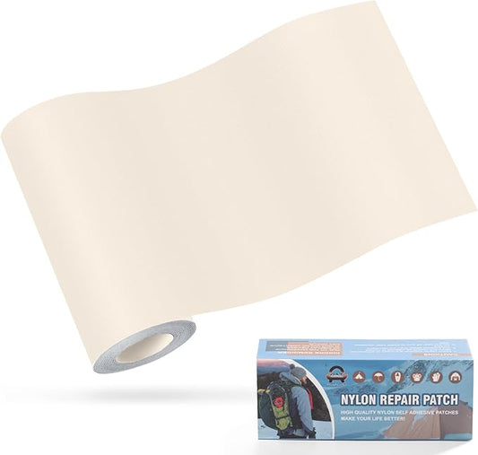 OAZ 3.9 x 63 inch Nylon Repair Patches Nylon Fabric Patch Self-Adhesive Fabric Repair Tape Waterproof Lightweight Outdoor Gear Patch Kit for Down Jacket Clothing Tent Bag (Beige White)