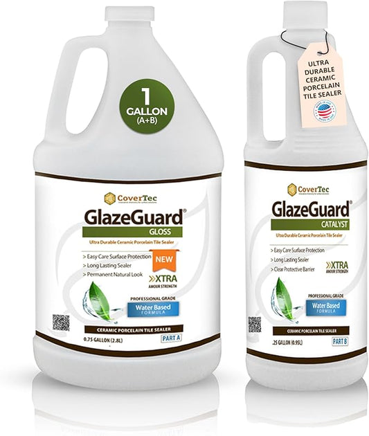 CoverTec GlazeGuard High Gloss Tile & Grout Sealer Kit, Wet Look Shower, Floor & Wall Sealer for Ceramic & Porcelain Tile, Natural Stone, 2-Part A+B, Makes 1 Gallon