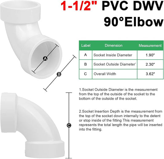 6Pack 1-1/2" PVC DWV Sanitary 90-Degree Elbow (Socket x Socket) White SCH40 1.50" PVC DWV 90° Elbow Pipe Fittings Connectors for Drain, Waste, Vent