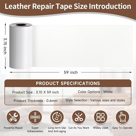 Leather Repair Tape, Heavy Duty Vinyl Repair Patch, Waterproof Self Adhesive Leather Repair Kit for Fixing Holes & Scratches on Couch, Car Seat, Furniture (White, 3.15 x 59in)