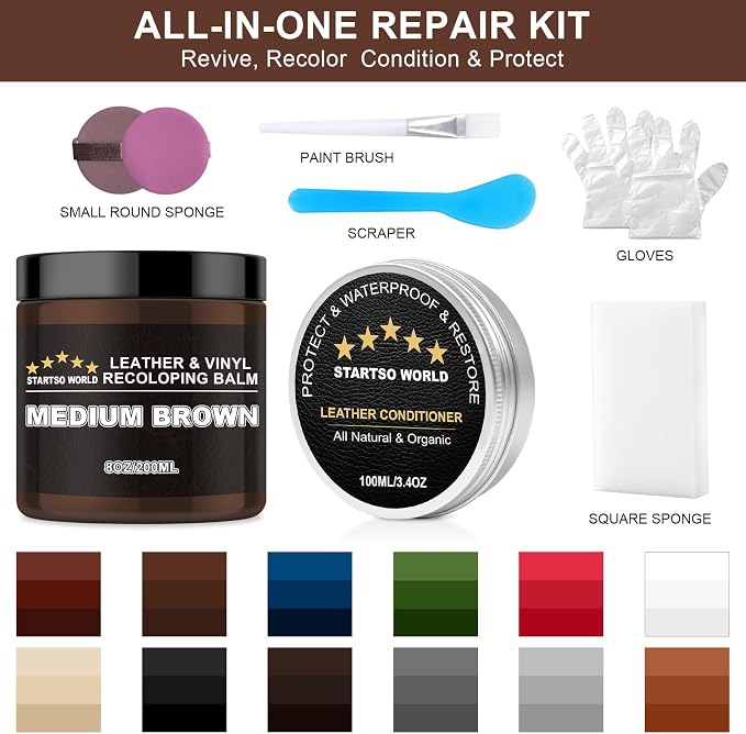 STARTSO WORLD 200Ml Leather Recoloring Balm with 100ML Leather Conditioner, Medium Brown Leather Repair Kit for Furniture, Leather Dye, Leather Scratch Repair, Leather Couch Paint