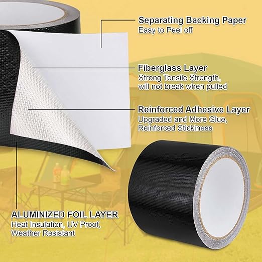 RV Awning Repair Tape Heavy Duty Waterproof Tent Tape for Tarp,Canvas,Tarpaulin, Car and Boat Covers Tarp Repair Patch Kit Outdoor UVproof Repair Tape Black