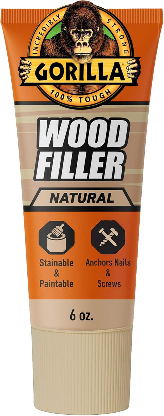 Gorilla All Purpose Wood Filler, Natural Color, 6 Ounce Tube (Pack of 1) - Water Resistant for Indoor or Outdoor Projects and Repairs