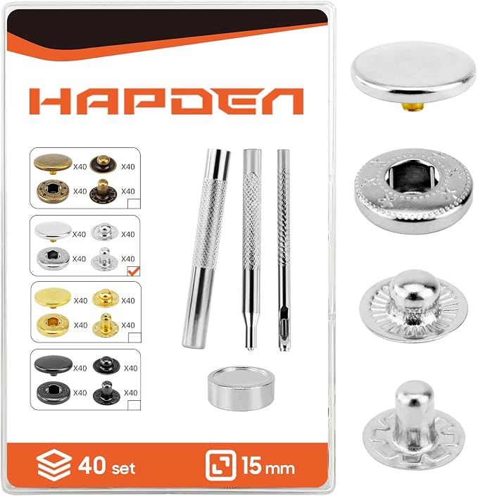 Leather Snaps and Fasteners Kit，15mm 40 Sets Metal Snap Buttons with Setter Tools， Sewing Snaps for Clothing，Fabric，Leather, Clothes, Jackets, Bags, DIY Crafting （Silver）