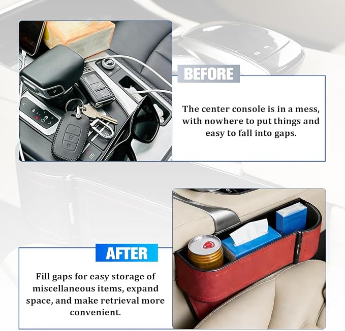 Car Seat Gap Filler Organizer with Cup Holder Expander, Leather Console Seam Filler Storage Box, Auto Front Seat Gap Organizer for Phones Keys Glasses, Universal Fit (Wine Red Passenger)