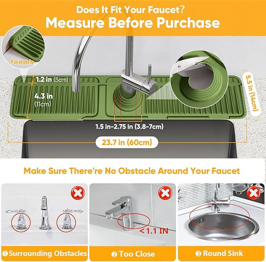 24'' Longer Faucet Mat for Kitchen Sink Splash Guard[7° Slope Fast Self-draining][Snap Lock Fit] Kitchen Sink Faucet Mat Splash Guard Kitchen Sink Area Water Splash Guard Behind Faucet Draining Mat