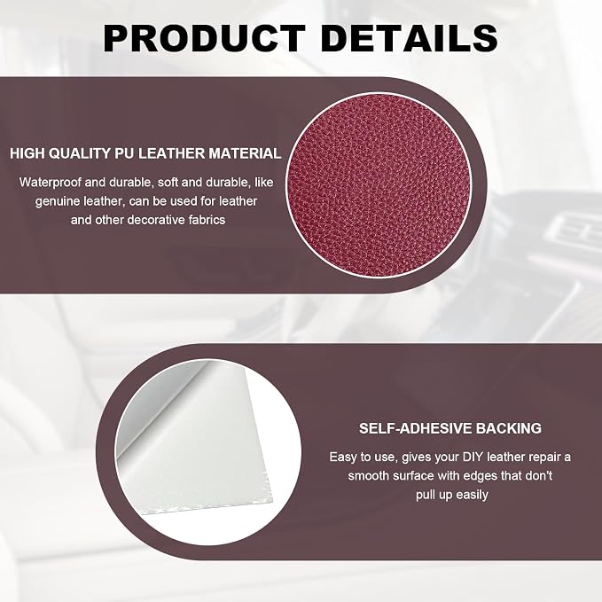 2 PCS Leather Repair Patch Tape, 4 x 8 Inch PU Vinyl Repair Patches for Car Upholstery Seat, Waterproof Self Adhesive Leather Tape Repair Kit for Furniture Couches Chairs (Wine Red)