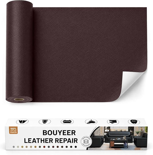 BOUYEER Leather Repair Patch Tape Kit,Self Adhesive Leather Repair for Sofa，Car Seat,Office Chair,Furniture,Jacket,Waterproof Strong Adhesive Vinyl Repair Kit. 17 in x 79 in,Dark Brown
