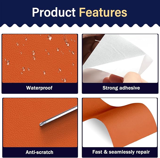 Zenyao Leather Repair Patch Tape - Self Adhesive Leather Repair Kit for Car Seat Furniture, Heavy Duty Vinyl Repair Patch for Couch Sofa, Waterproof Fix for Tears, 8x11 Inch Sheet, 2 Pieces, Orange