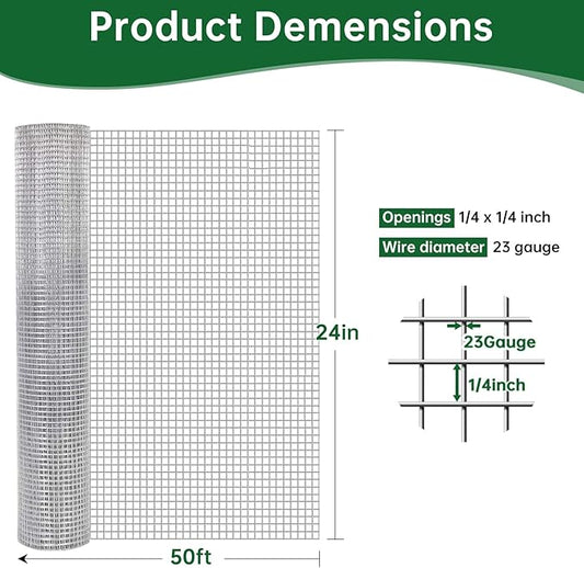 Amagabeli Galvanized Hardware Cloth 1/4 inch 24inx50ft 23 Gauge Chicken Wire Fence Welded Wire Mesh Roll Plant Supports Poultry Netting Garden Bed Animal Cage Snake Rabbit Wire Gopher Rodent Proof