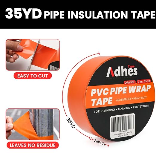 ADHES PVC Pipe Wrap Tape, 2 Inch X 35 Yds, Corrosion Protection Pipe Tape, Weatherproof PVC Tape for Drain Pipe, Metal & Electrical Piping, Underground Pipe, Orange