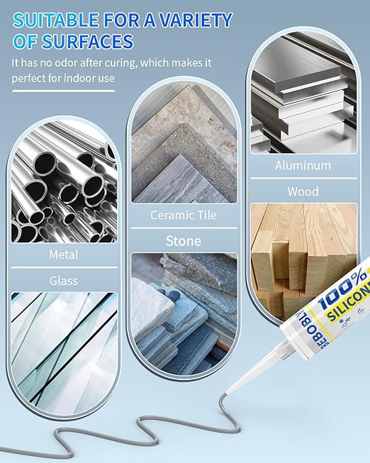 Silicone Caulk & Sealant Gray, 100% Waterproof Silicone Sealant, Shrink & Crack Proof, Silicone Caulking for Kitchen, Bathroom, RV, Interior & Exterior Use, 10.2 FL. OZ/300ML, 4 Pack