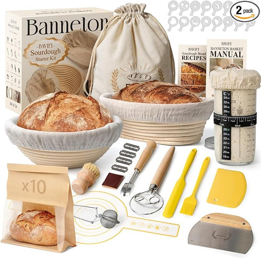 Sourdough Starter Kit, Banneton Bread Proofing Baskets Set, Sourdough Bread Baking Supplies Making Tools with Dough Scraper, Whisk, Bread Lame, Recipe