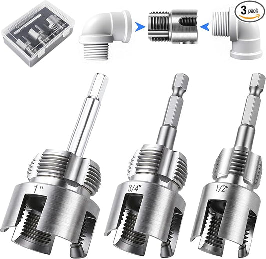 Valkynos 3PCS Internal & External Pipe Threading Tool, 1/2'' 3/4'' 1'' PVC Pipe Threader Kit with Storage Case, Heavy-Duty Alloy Steel, Electric Drill Compatible for Plumbing and Home Repair