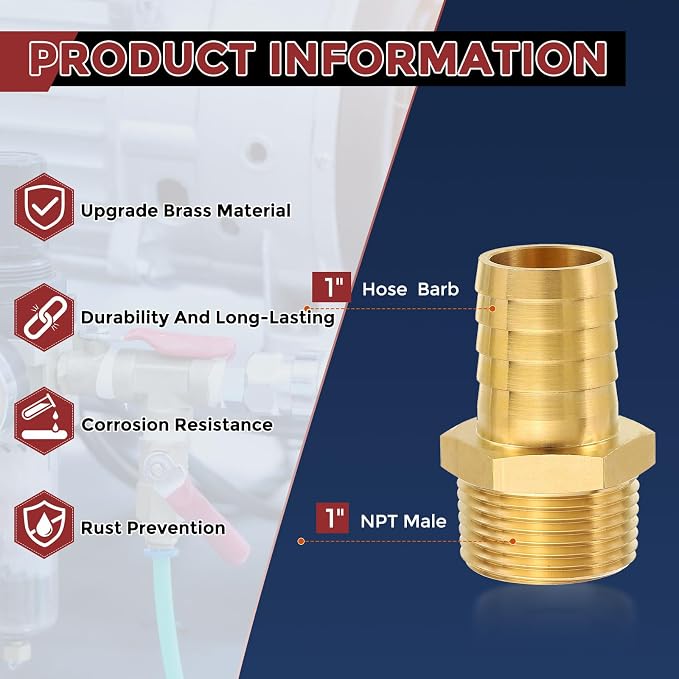 Pack of 8 Brass Hose Barb Fittings 1" Hose Barb to 1" NPT Male Fittings