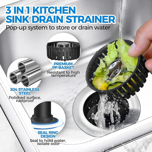 Kitchen Sink Drain Strainer - 2Pack Sink Stopper, Drain Protector, Kitchen Drain Plug & Sink Installation Parts with Anti-Clogging Basket, Fit US Standard 3-1/2'' Sink Drain Hole, Silver