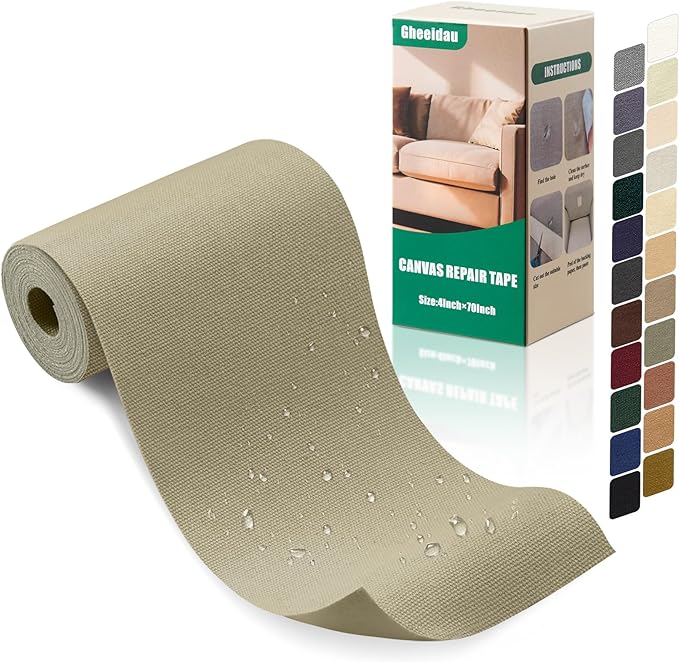 Gheeidau Canvas Repair Tape 4×70 Inch Waterproof Self-Adhesive Fabric Repair Patch for Repairing Boat Covers,Tents,Patio Umbrellas,Car Seats,Luggage,Sofas.(Khaki)