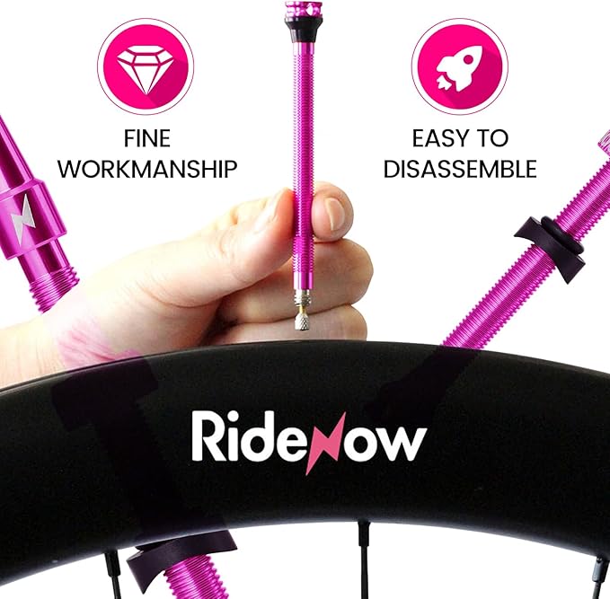 RideNow Tubeless Presta Valve Stems, 65mm Super Light 7075 Aluminum Alloy Presta Tubeless Valve Stem Kit with Valve Core Remover Tool and Valve Stem Caps, Multiple Color and Size Options(Pair), Purple
