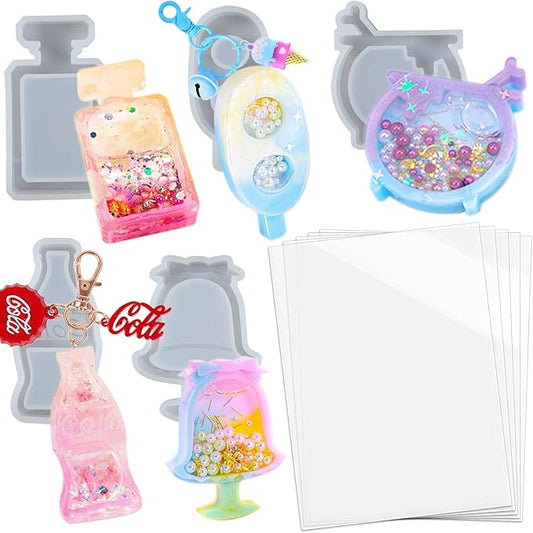 Resin Shaker Molds Set Perfume Bottle, Cola, Mike Tea, Dessert, Popsicle Silicone Trays with 5 Seal Films