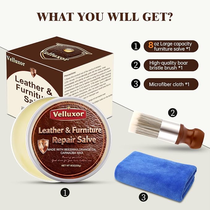 Furniture Salve for Leather (8oz), Polisher, Moisturizer and Restorer for Couches and Furniture - Conditioner for Leather, Wood, Bags, Car Seats, Jackets, Vinyl, Leather Repair Salve