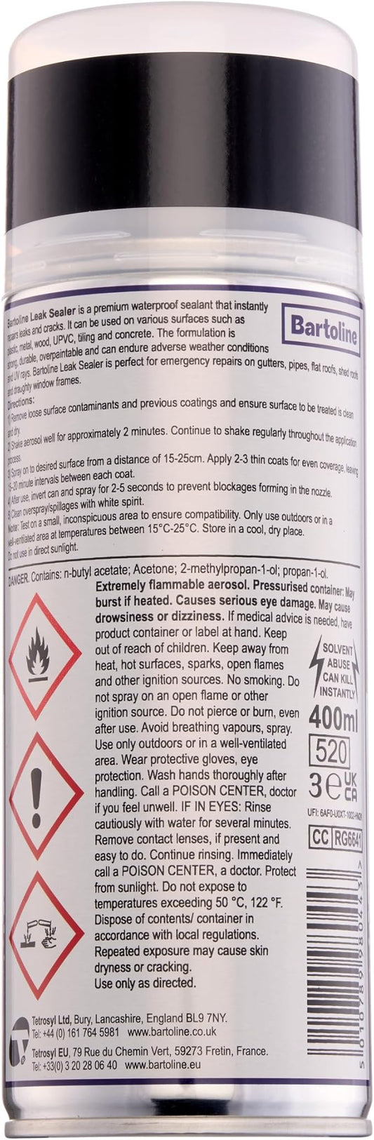 Bartoline Leak Sealer Spray, Black, 13.5 oz [3 Pack] - Instant Waterproof Sealant for Pipes, Gutters, Roofs, Cracks & More Weatherproof, Durable & Overpaintable - 400 ml