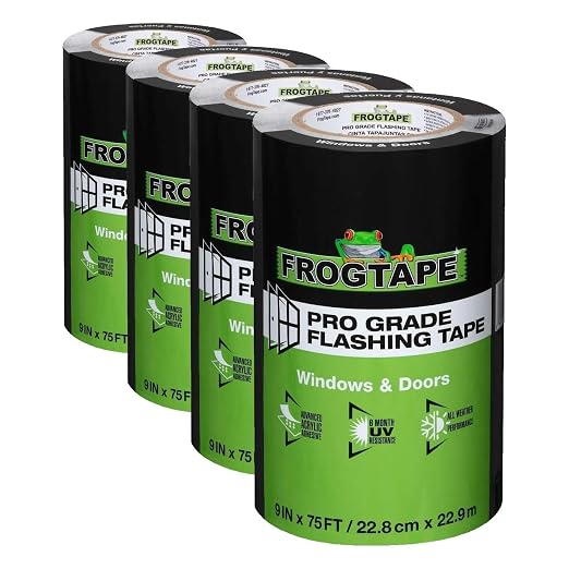 FrogTape Pro Grade Flashing Tape for Windows & Doors, 9 Inch Width - 75 Foot Roll, All Weather & UV Resistant Flashing Tape with Advanced Acrylic Adhesive - 10 mils - Black (Pack of 4)