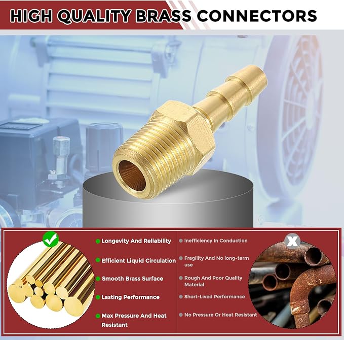 Pack of 1 Brass Hose Barb Fittings Adapter Connector 3/16" Hose Barb to 1/8" NPT Male Fittings for Home Machines, Massage Bathtubs, and Irrigation Systems