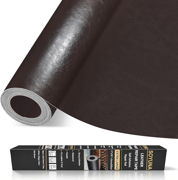 Self Adhesive Leather Repair Patch, Leather Patches for Furniture, Leather Repair Tape for Couch Sofa Car Seat Chair Furniture Repair, Leather Repair Kit (Dark Brown-Glossy Smooth, 17X79 Inch)
