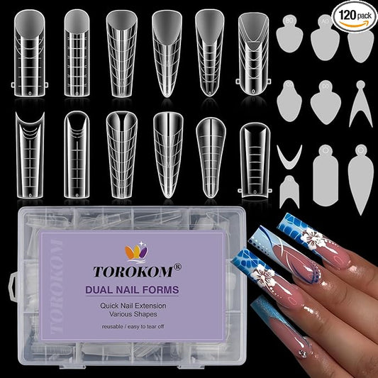 TOROKOM 288PCS Nail Dual Forms for French Nails, Dual Nail Forms Molds Acrylic Nail Tips, 144PCS Duet System Dual Forms Sticker Silicone Reusable Pads, 12 Styles Scale for Manicure Extension, Clear