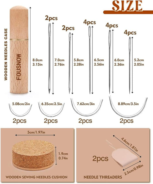 FOUSNOW 28 Pcs Heavy Duty Hand Sewing Needles Kit, Upholstery Needles for Hand Sewing, Sewing Needle Kit with Wooden Sewing Needles Cushion for Leather, Sofa, Canvas, Repair Sewing Craft