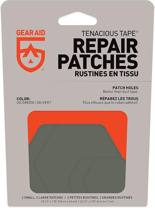 GEAR AID Tenacious Tape Repair Patches for Jackets, Tents and Outdoor Gear, OD Green, 2.5” and 1.5” Hex Shape, 4 Patches