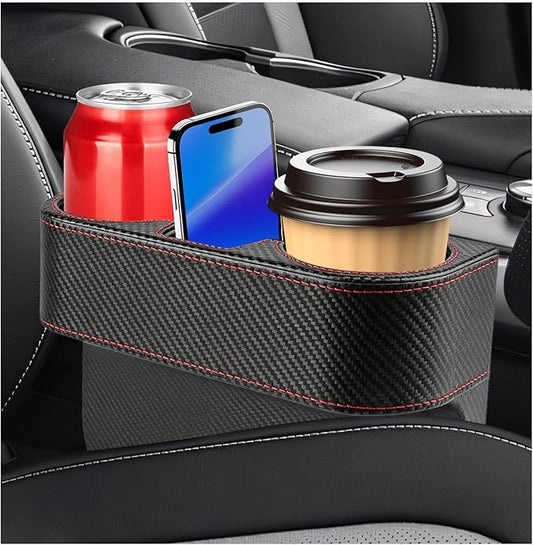 Car Cup Holder Gap Filler Organizer, Multifunctional Car Console Side Organizer with 2 Cup Holders, Leather Seat Gap Filler Portable Drink Holders Storage Box for Most Vehicles (Carbon Fiber)