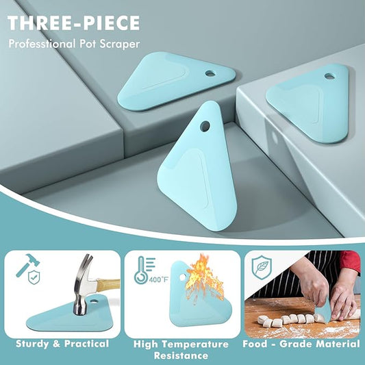Food Scraper, 2-in-1 Pot and Pan Dish Scraper, Nylon and Silicone, Kitchen Scraper Tools for Cast Iron Skillets, Cookware, Dishes, Pans and Pots, Heat Resistant, Set of 3, Blue