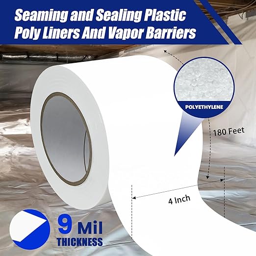 Bghdas 12 Roll, White Vapor Barrier Tape, 4" Wide x 180' Long, PE 9 mm Polyethylene Tape, for Stucco Waterproof Moisture Barriers Seal and Seam, for Crawlspaces, Insulation Repairs & Plastic Liners