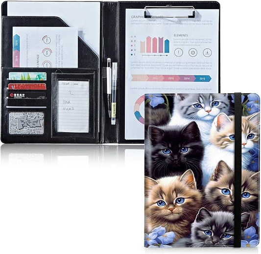 Padfolio Folder with Clipboard,Portfolios Organizer Clipboards with Storage Clipboard Writing Pad PU Leather Conference Document Organizer with Business Card Holder,Cute Cat
